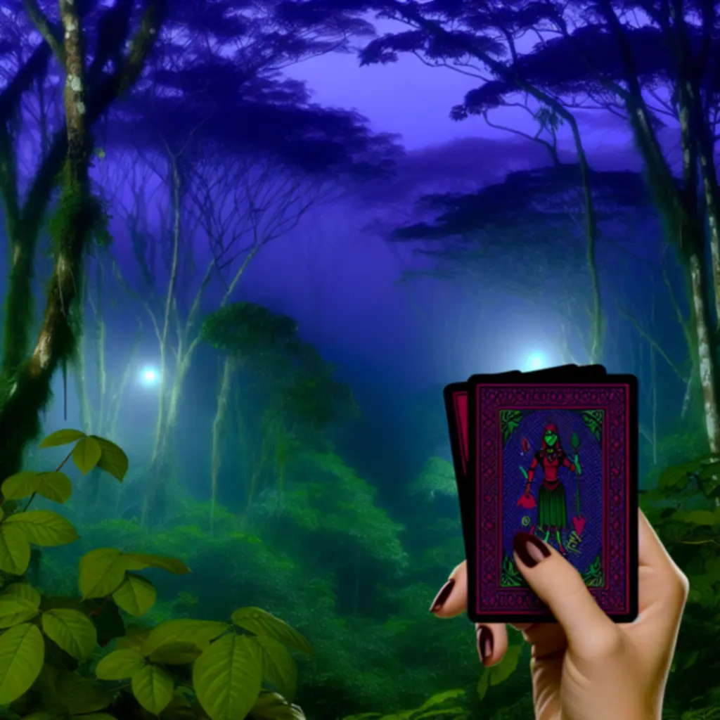 Ilustracja z gry Tacape w klimacie nocnej dżungli – bohaterowie i mistyczne karty