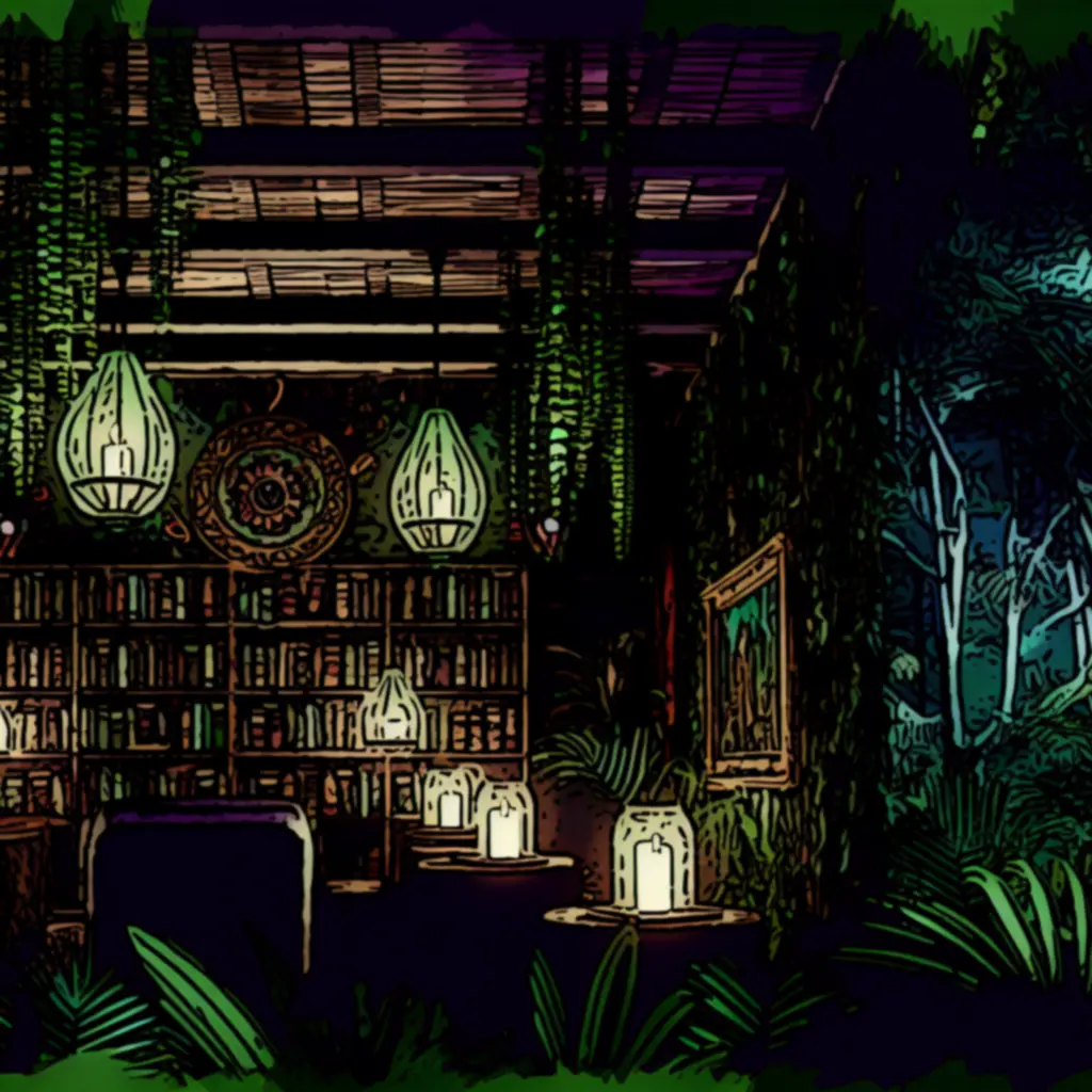 Ilustracja biblioteki Tacape z mistyczną, ręcznie rysowaną oprawą w klimacie nocnej dżungli